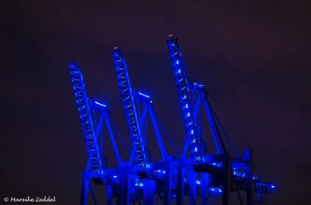 Drei blau angestrahlte Kräne im Hamburger Hafen